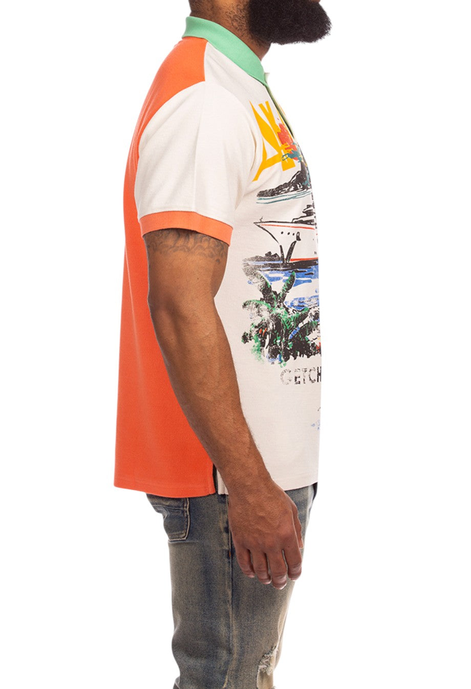 On Time Fashions Akoo We Out Polo: Cream short sleeve polo with orange sleeves, green collar, and graphic print.