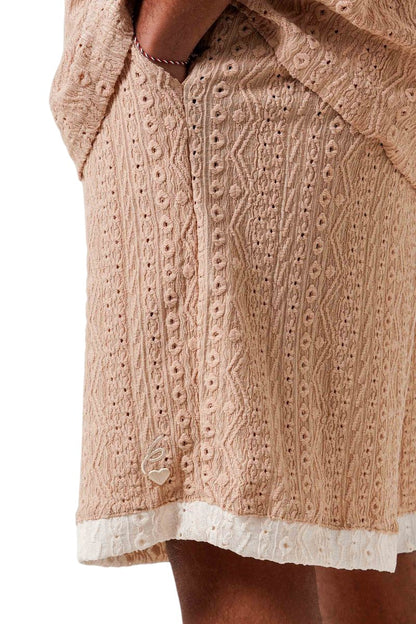 On Time Fashions beige crochet resort set shorts with embroidered logo and lace trim