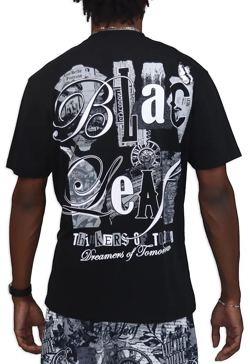 On Time Fashions black cotton t-shirt with large "Blac Leaf" graphic and "Thinkers Of Today Dreamers of Tomorrow" text.