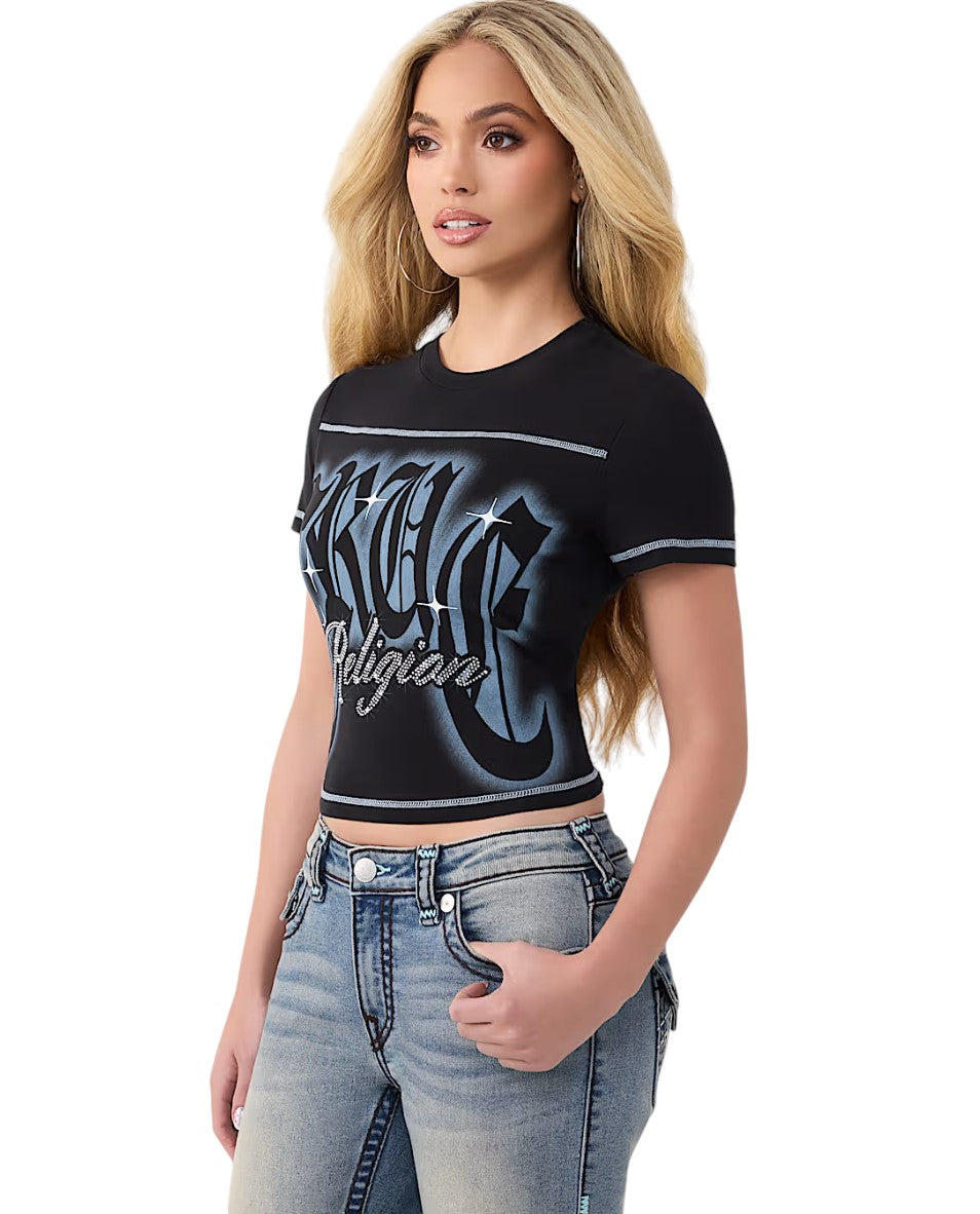 On Time Fashions black fitted baby tee with crystal embellished True Religion logo graphic and contrast stitching.
