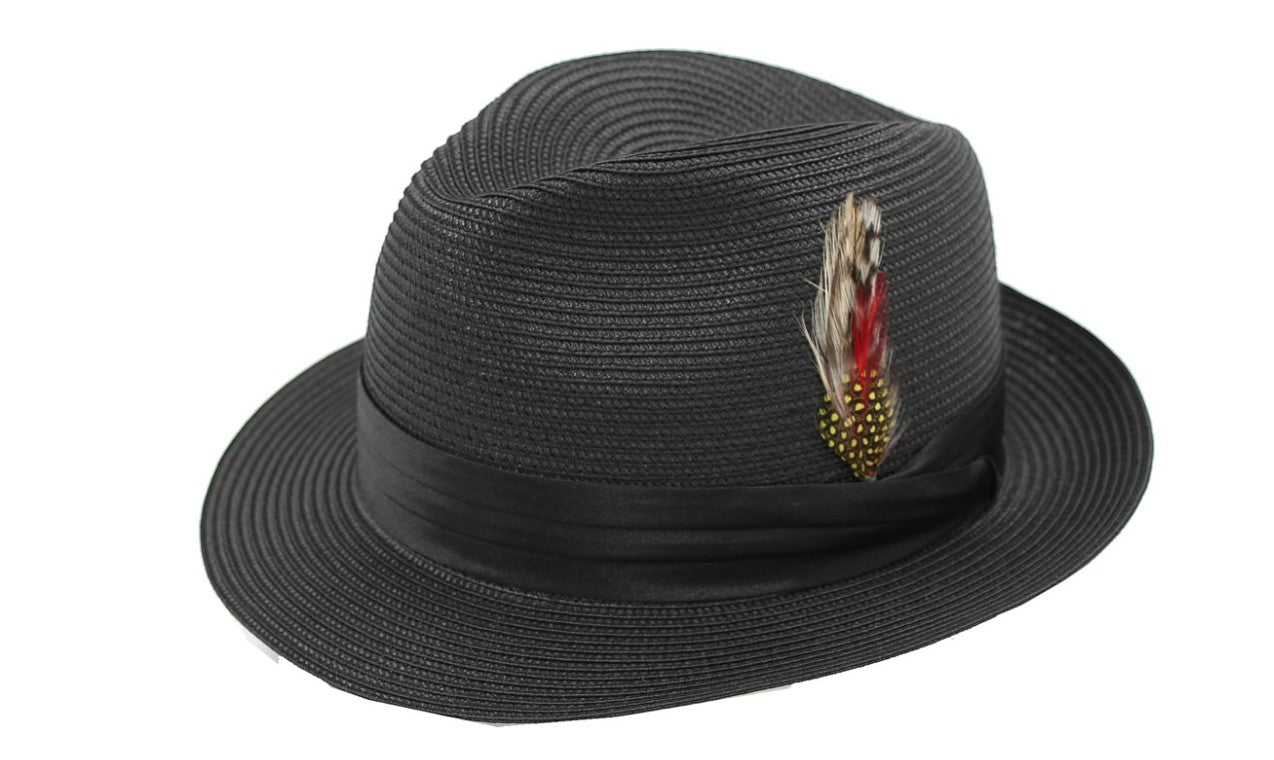 On Time Fashions St. Patrick black woven fedora hat with feather accent and satin band.