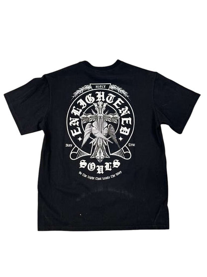 On Time Fashions black graphic t-shirt featuring a large white Enlightened Souls cross and wings design on the back