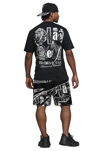 On Time Fashions black cotton t-shirt with large graphic print on back, paired with matching shorts.