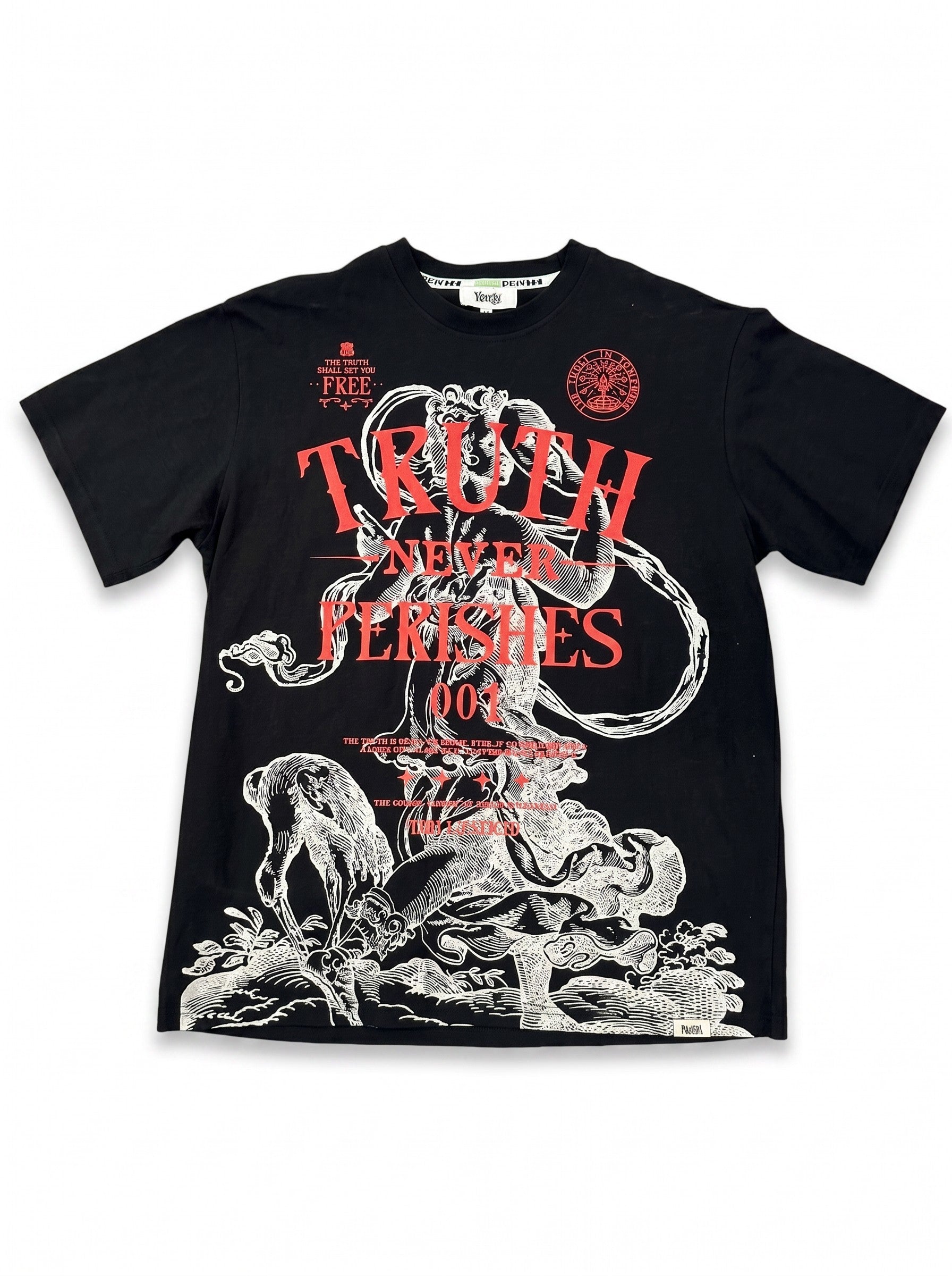 On Time Fashions kids black graphic t-shirt featuring red and white Truth NVR Perishes illustration and streetwear style