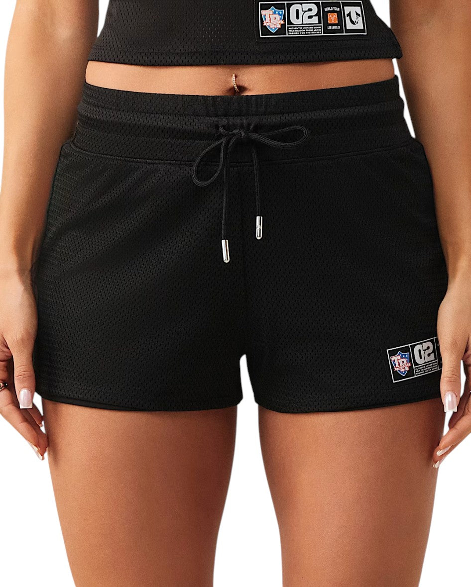 On Time Fashions black mesh shorts with adjustable drawcord and logo patch. Lightweight and lined for comfort.