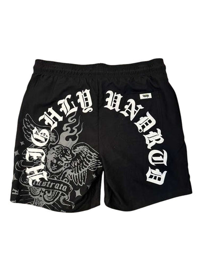 On Time Fashions kids black streetwear shorts with white Highly Undrtd graphic print and angel wing design