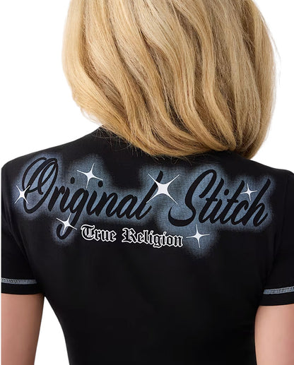 On Time Fashions black short-sleeve baby tee with "Original Stitch" and True Religion crystal logo graphic.