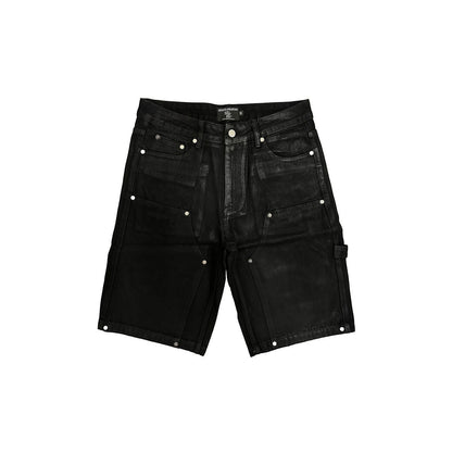 On Time Fashions black wax denim worker shorts with multiple pockets and silver hardware. Modern streetwear style.