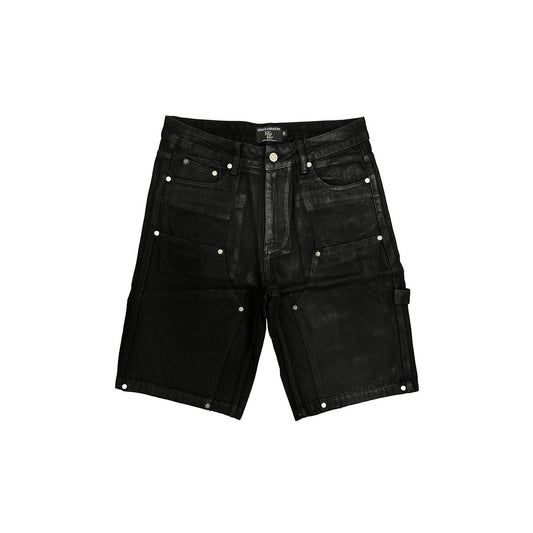 On Time Fashions black wax denim worker shorts with multiple pockets and silver hardware. Modern streetwear style.