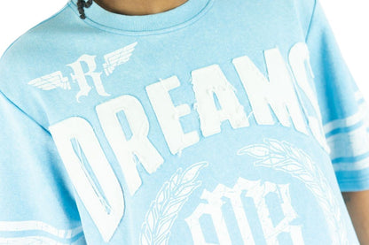 On Time Fashions light blue cotton jersey with white 'Dreams' patch lettering and winged 'R' logo.