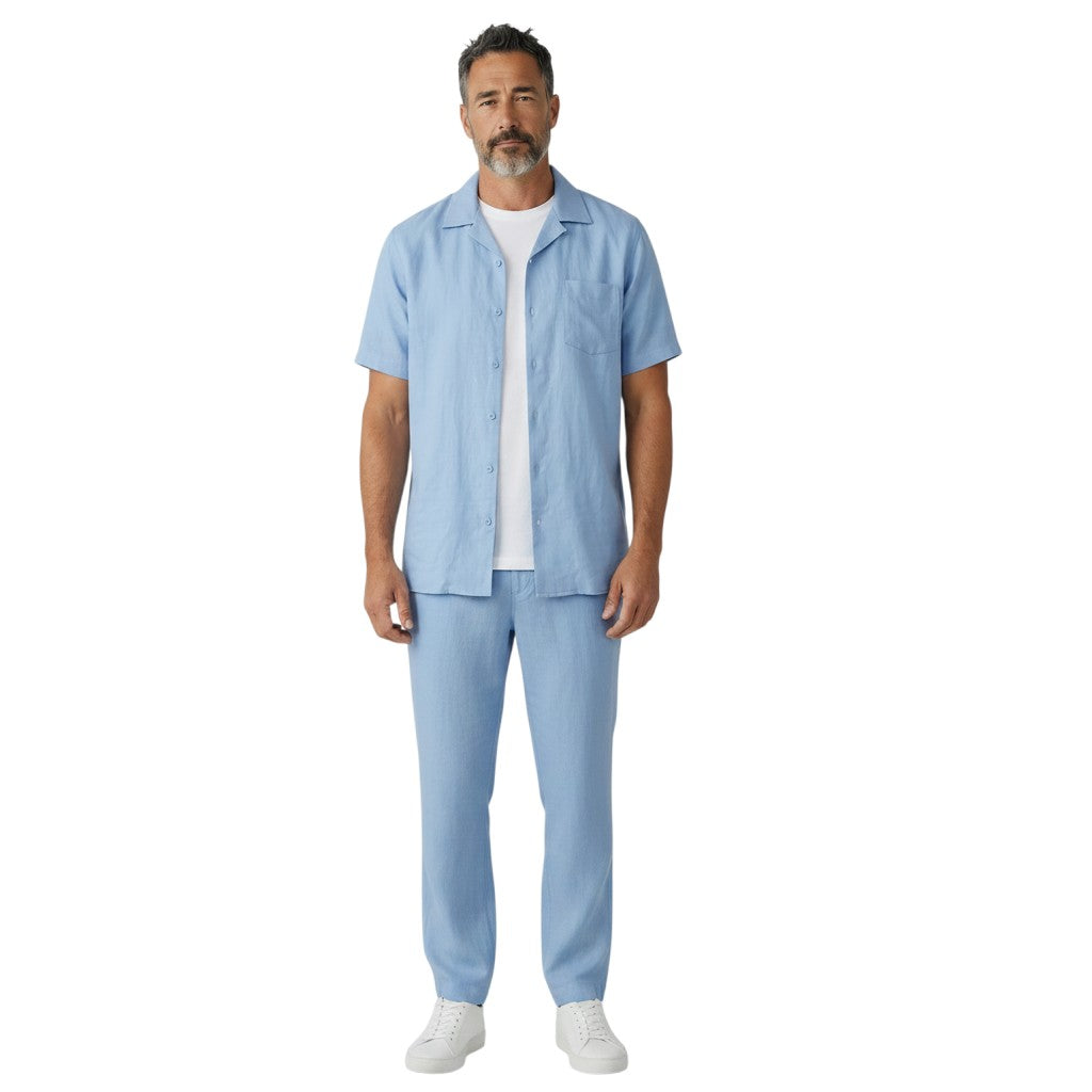 On Time Fashions light blue linen blend short sleeve walking set with white t-shirt and white sneakers.