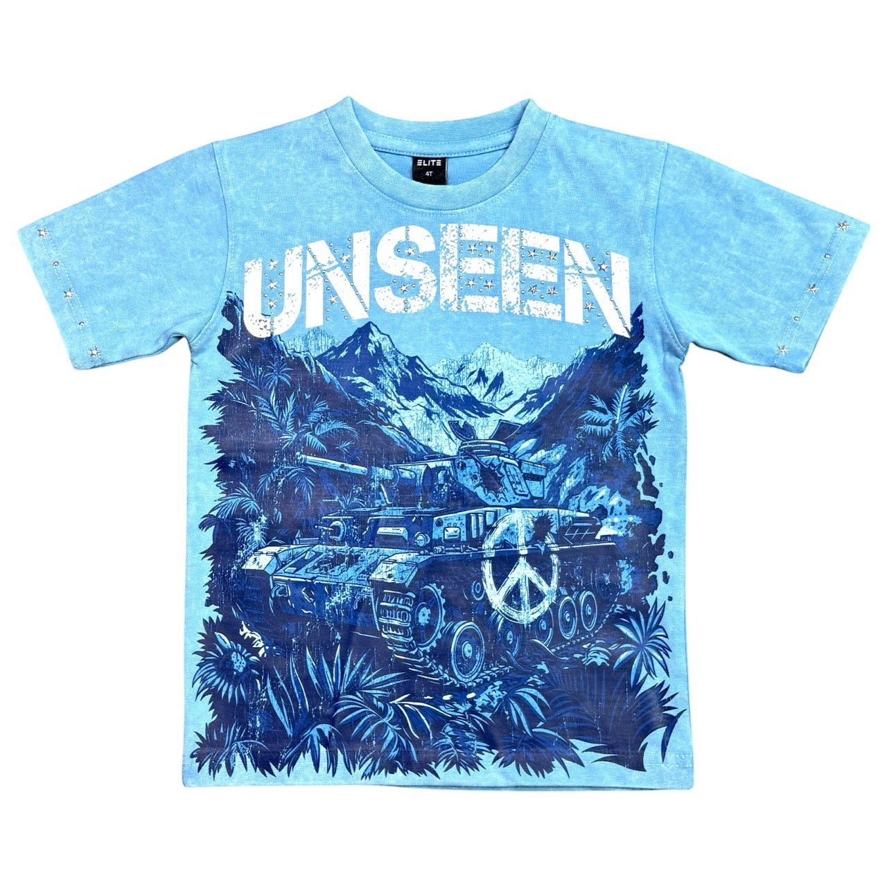 On Time Fashions kids oversized blue mineral wash cotton tee with Unseen tank graphic and embellished sleeve details