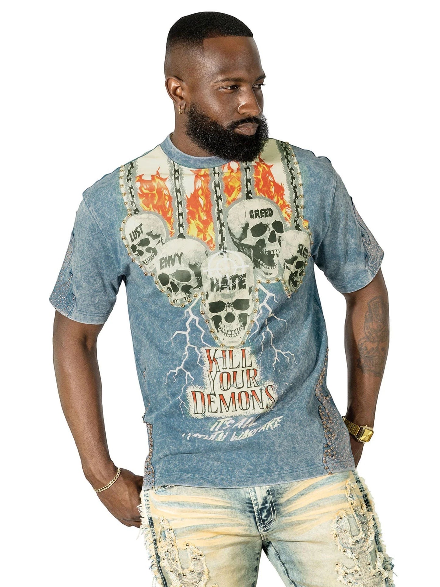 On Time Fashions blue acid wash graphic tee with skulls, flames, and text reading "Kill Your Demons".
