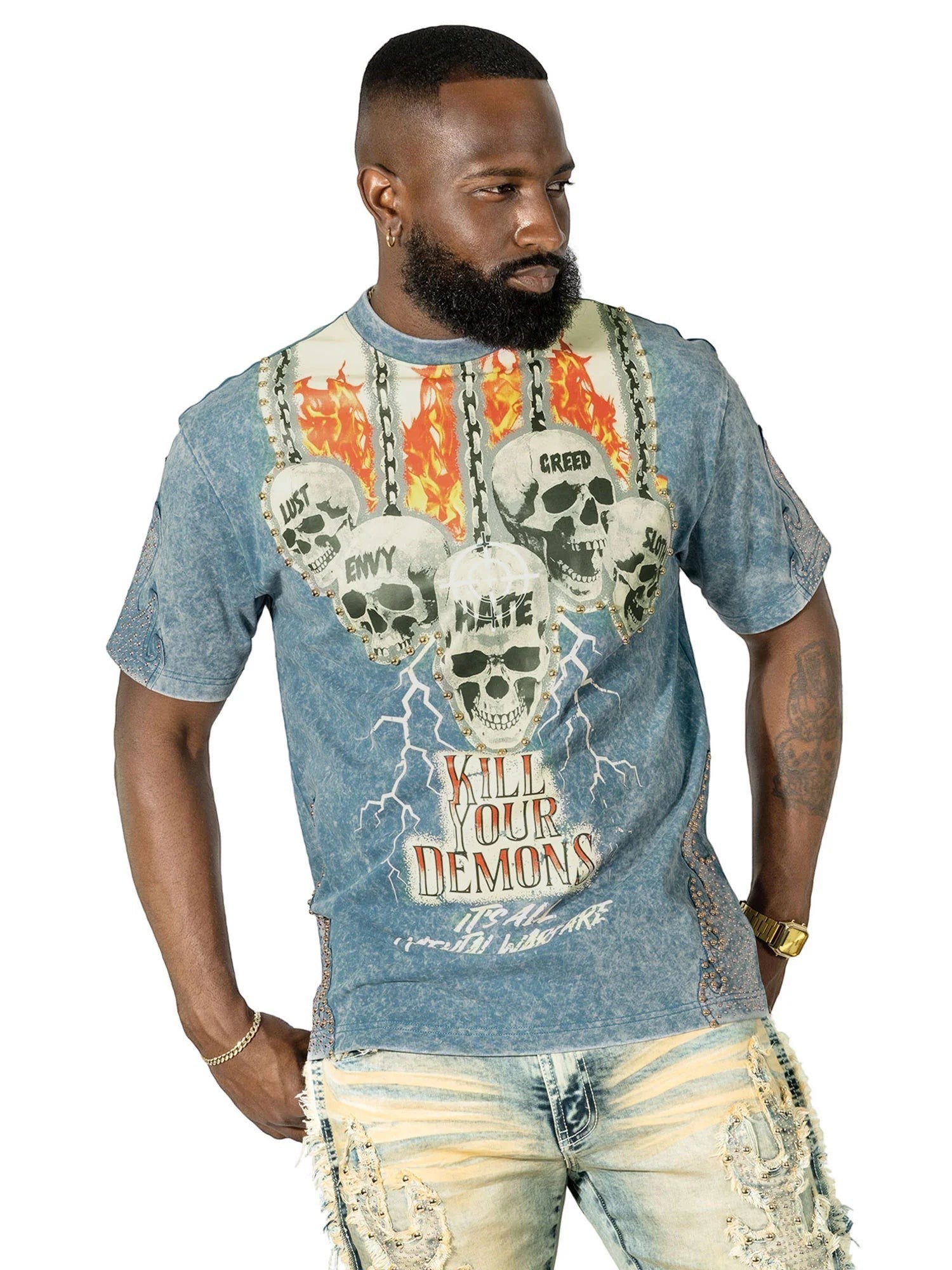 On Time Fashions blue acid wash graphic tee with skulls, flames, and text reading "Kill Your Demons".