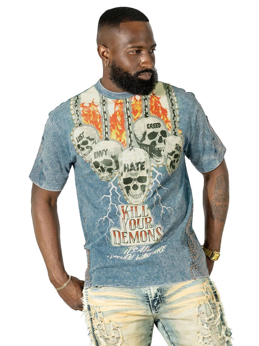 On Time Fashions blue acid wash graphic tee with skulls, flames, and text reading "Kill Your Demons".