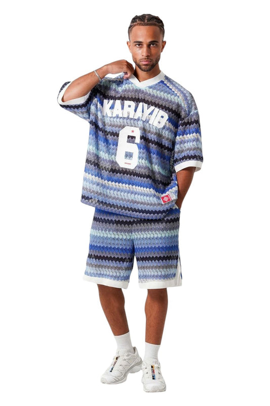 On Time Fashions men's blue and white zigzag knit jersey shirt and shorts set with KARAYIB 6 graphic.