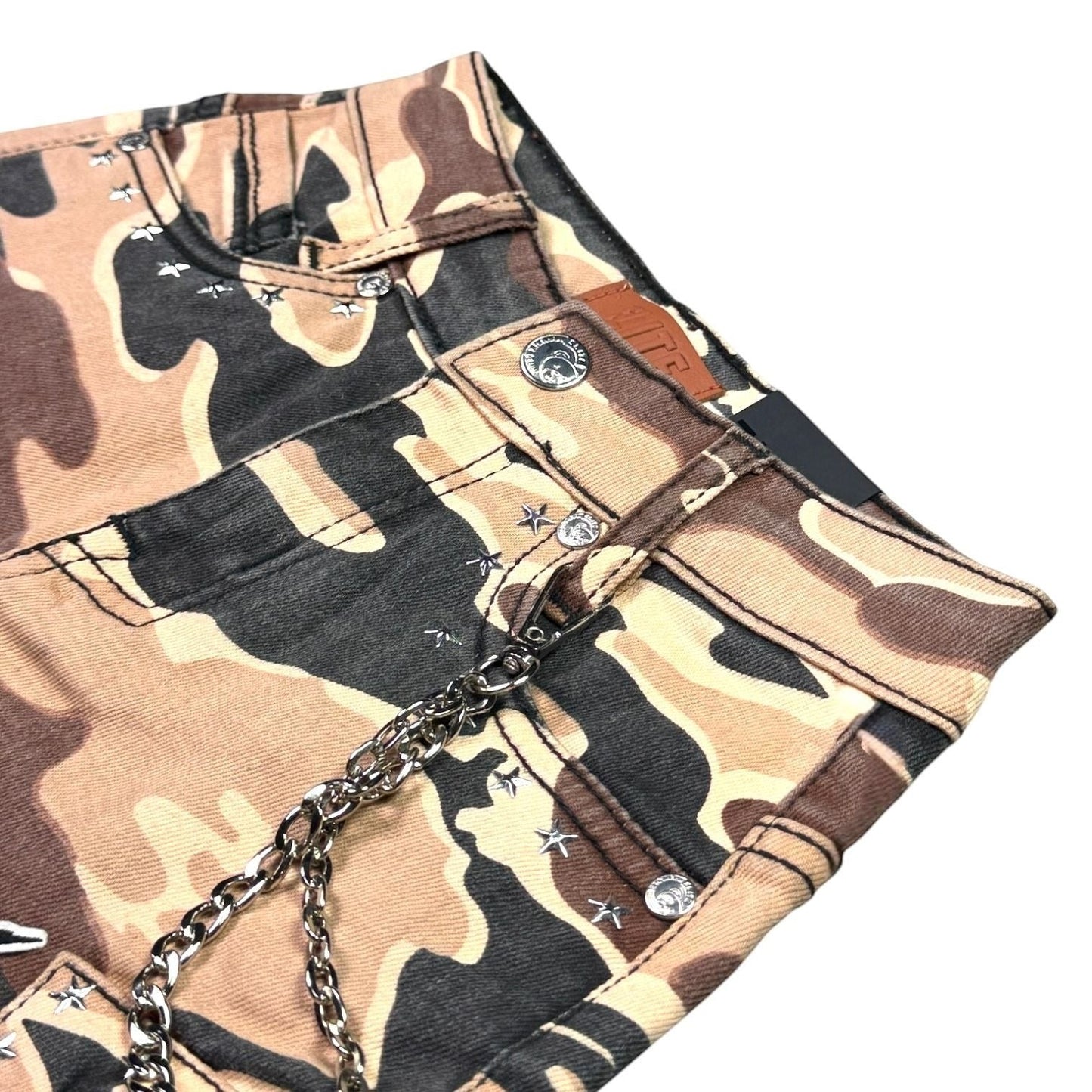 On Time Fashions kids army camo denim shorts with star embellishments, rip details, and a silver Cuban link chain.