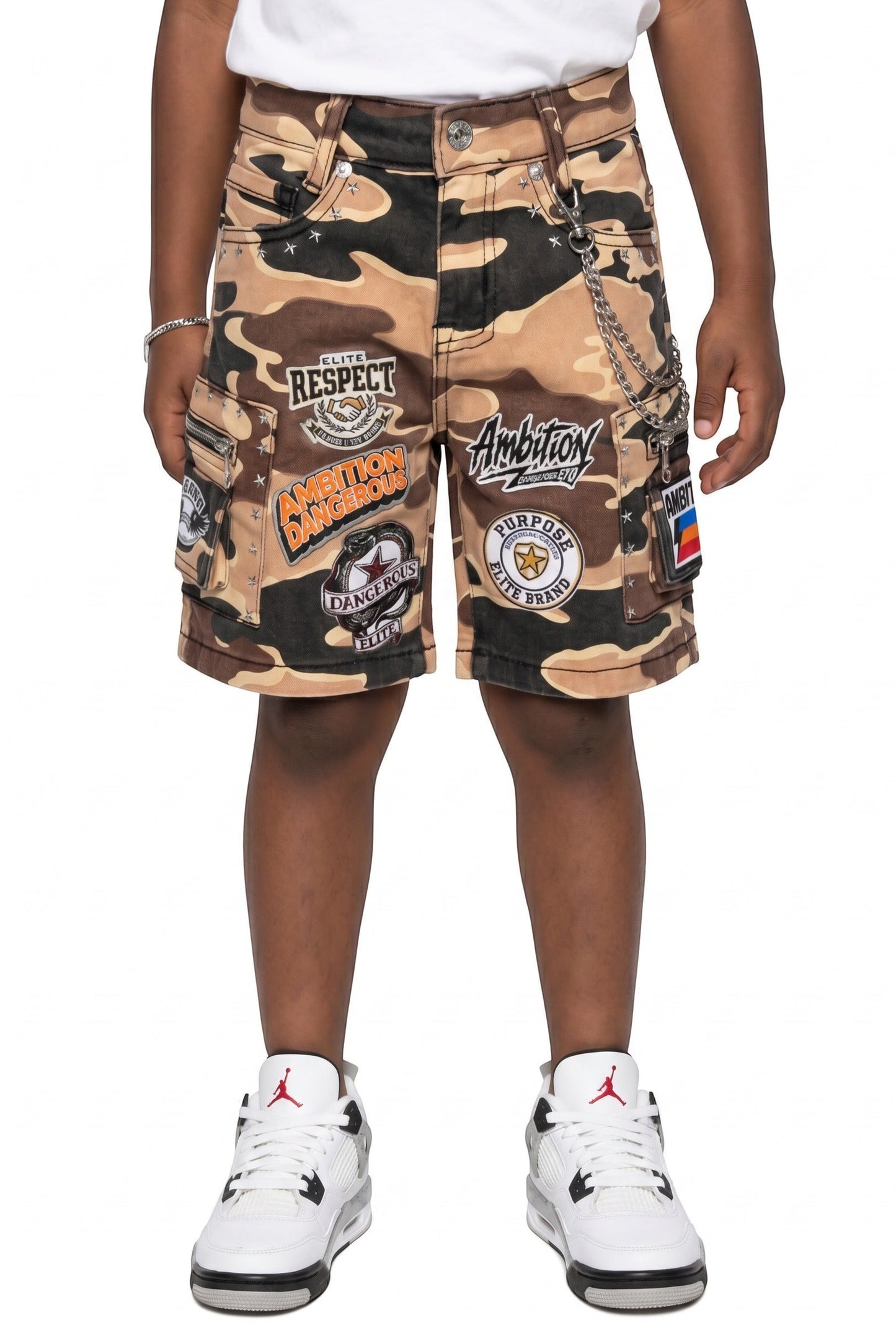 On Time Fashions kids army camo denim shorts with patchwork embellishments, cargo pockets, and a silver chain.