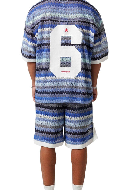 On Time Fashions Sixth June Caribbean Crochet Set: blue, white, and grey chevron knit short-sleeve shirt with large white number 6 on back.