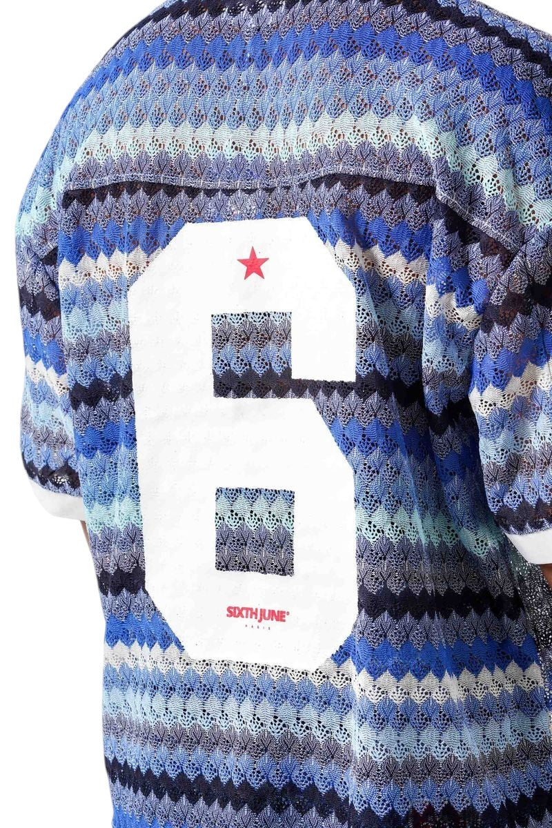 On Time Fashions Sixth June Caribbean Crochet Set, blue and white chevron pattern knit, with large white number 6 and red star detail.