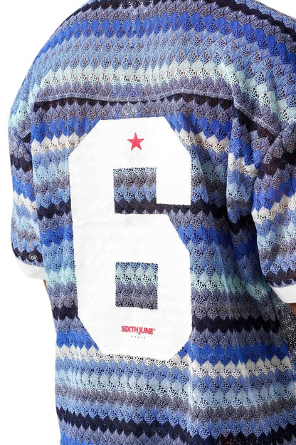 On Time Fashions Sixth June Caribbean Crochet Set, blue and white chevron pattern knit, with large white number 6 and red star detail.
