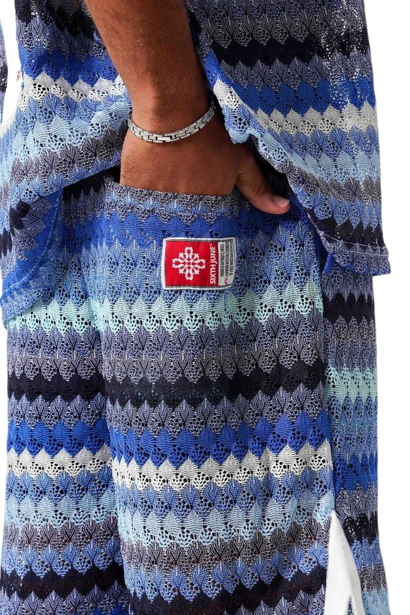On Time Fashions Sixth June Caribbean Crochet Set, blue and white chevron knit shorts with side pockets.