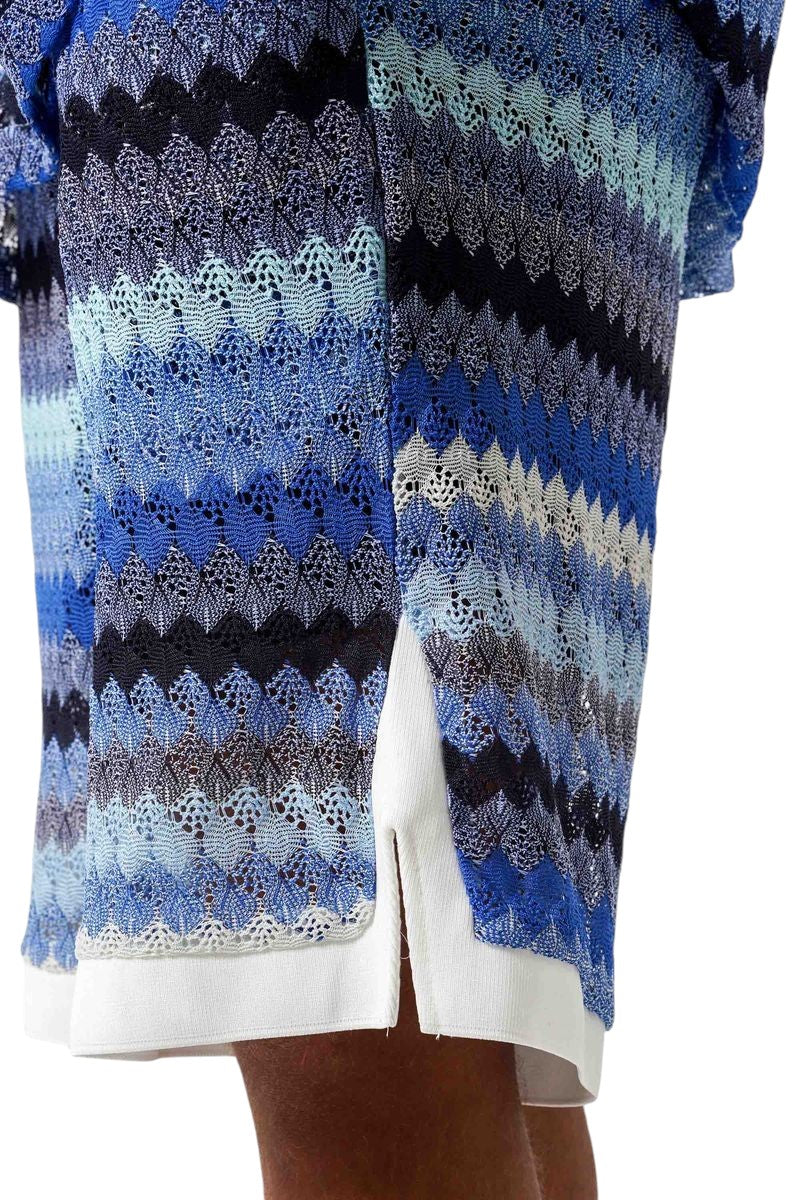 On Time Fashions Carribean Crochet Set: Blue, black, and white chevron pattern crochet knit shorts with white trim and side slits.