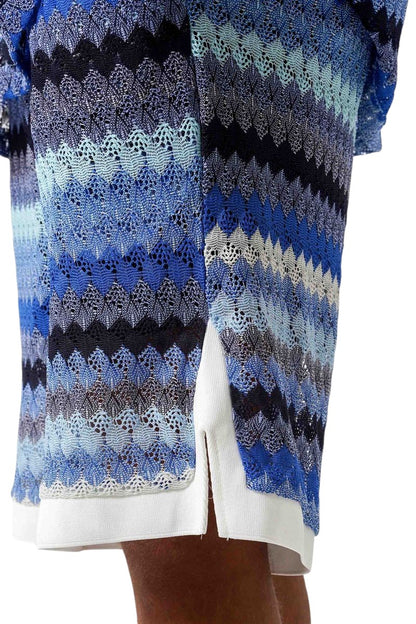 On Time Fashions Carribean Crochet Set: Blue, black, and white chevron pattern crochet knit shorts with white trim and side slits.