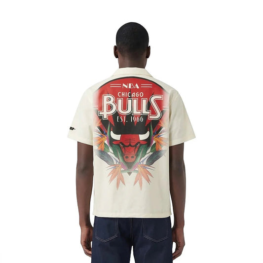 On Time Fashions Pro Standard Chicago Bulls Paradise Button Down Camp Shirt in cream with tropical floral accents and team logo.