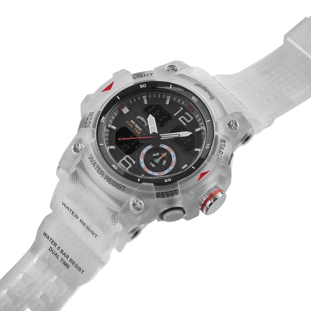 On Time Fashions Godspeed Shot Clock watch with a clear translucent band and oversized 54mm hybrid analog-digital dial