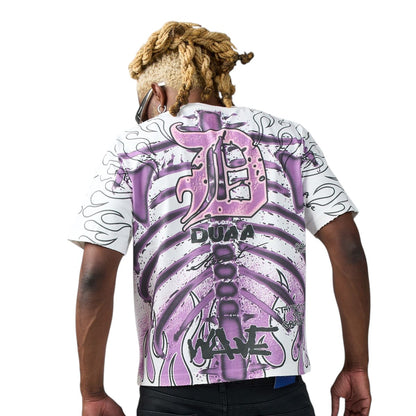 On Time Fashions Duaa Xray Tee featuring a white short-sleeve shirt with a purple skeleton ribcage graphic print.