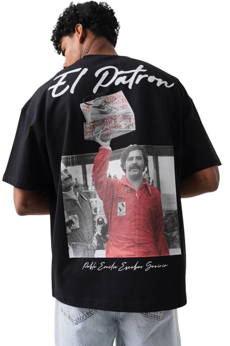 On Time Fashions black cotton oversized tee with "El Patron" graphic and Pablo Escobar image.