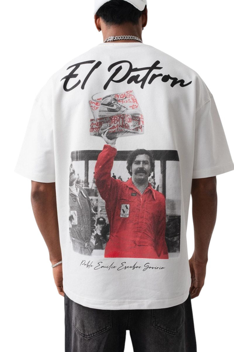 On Time Fashions white cotton oversized tee with El Patron graphic and Pablo Escobar image.