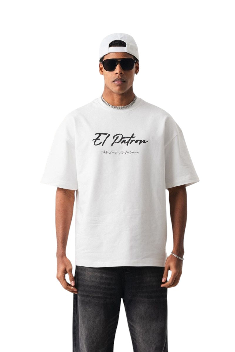 On Time Fashions white cotton oversized El Patron graphic tee with relaxed fit. Streetwear style.