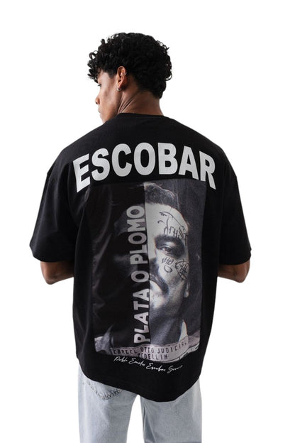 On Time Fashions black cotton t-shirt with 'Escobar' and 'Plata O Plomo' graphic print of Pablo Escobar.