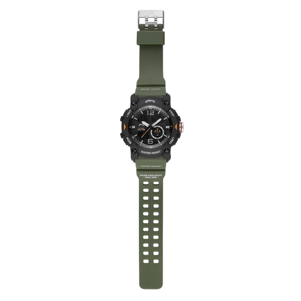 On Time Fashions Godspeed Shot Clock watch featuring an olive green PU strap and a 54mm black tactical hybrid dial.