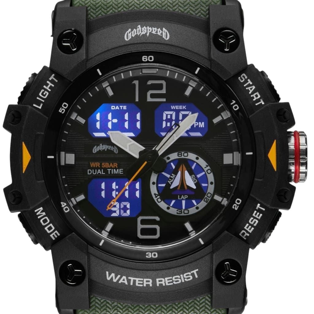 On Time Fashions Godspeed Shot Clock oversized 54mm hybrid analog-digital tactical watch with a black durable case.