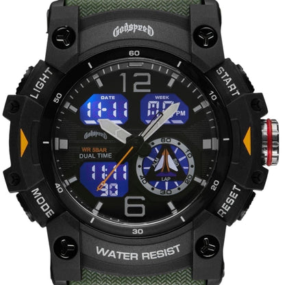 On Time Fashions Godspeed Shot Clock oversized 54mm hybrid analog-digital tactical watch with a black durable case.