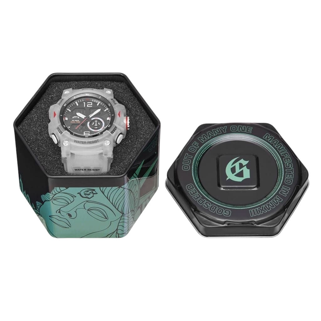 On Time Fashions Godspeed Shot Clock oversized 54mm hybrid analog digital watch in a hexagonal display case
