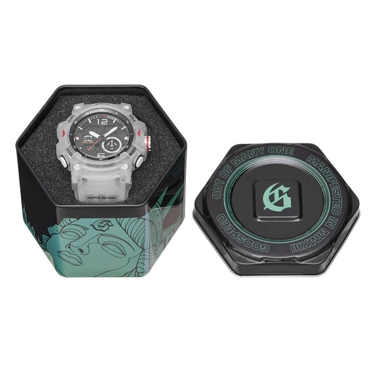 On Time Fashions Godspeed Shot Clock oversized 54mm hybrid analog digital watch in a hexagonal display case