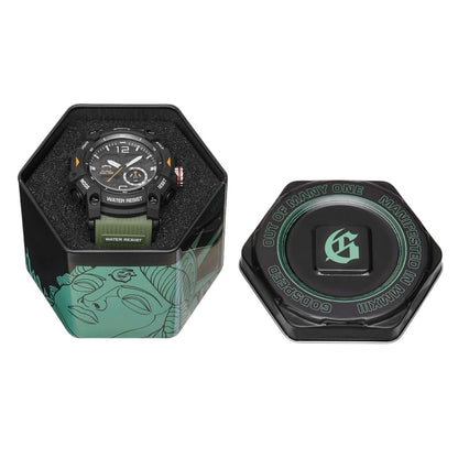 On Time Fashions Godspeed Shot Clock oversized hybrid watch with olive green strap in a branded hexagonal tin case.