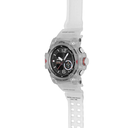 On Time Fashions Godspeed Shot Clock oversized 54mm hybrid analog-digital watch with a translucent white PU strap.