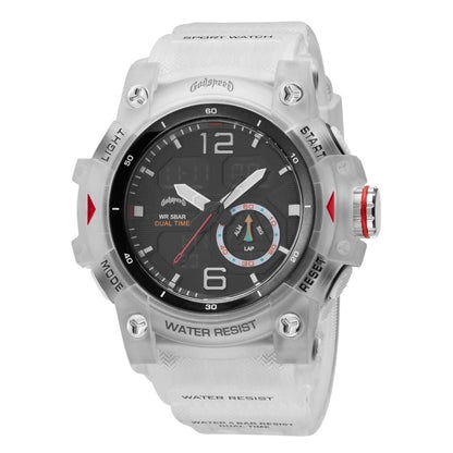 On Time Fashions Godspeed Shot Clock oversized 54mm white hybrid analog-digital watch with a durable PU strap.