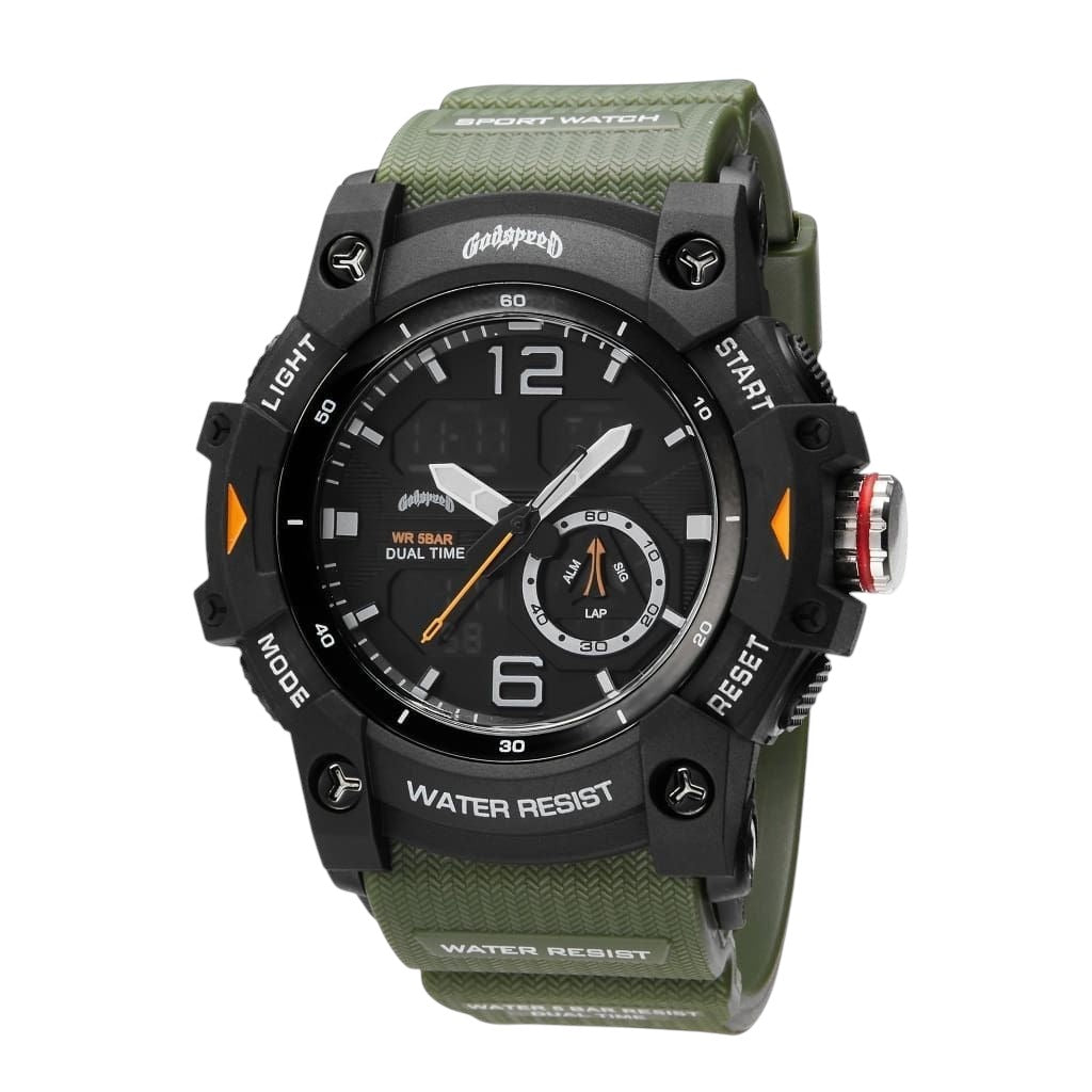 On Time Fashions Godspeed Shot Clock oversized 54mm tactical hybrid watch with olive green strap and black digital dial.