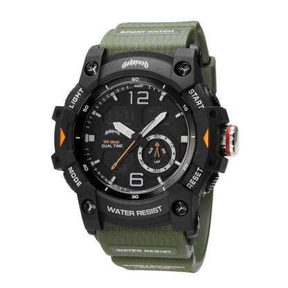 On Time Fashions Godspeed Shot Clock oversized 54mm tactical hybrid watch with olive green strap and black digital dial.