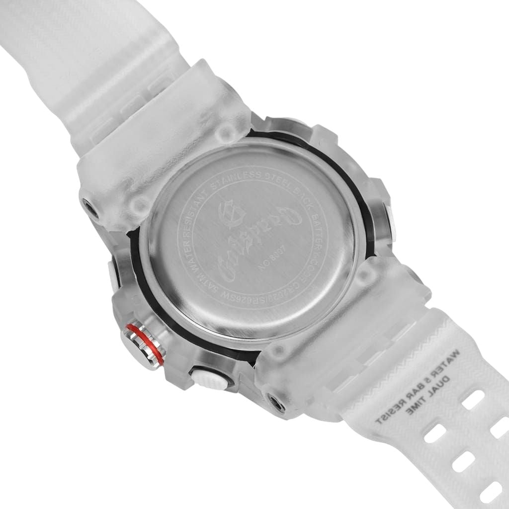 On Time Fashions Godspeed Shot Clock watch showing the white PU strap and stainless steel case back detail
