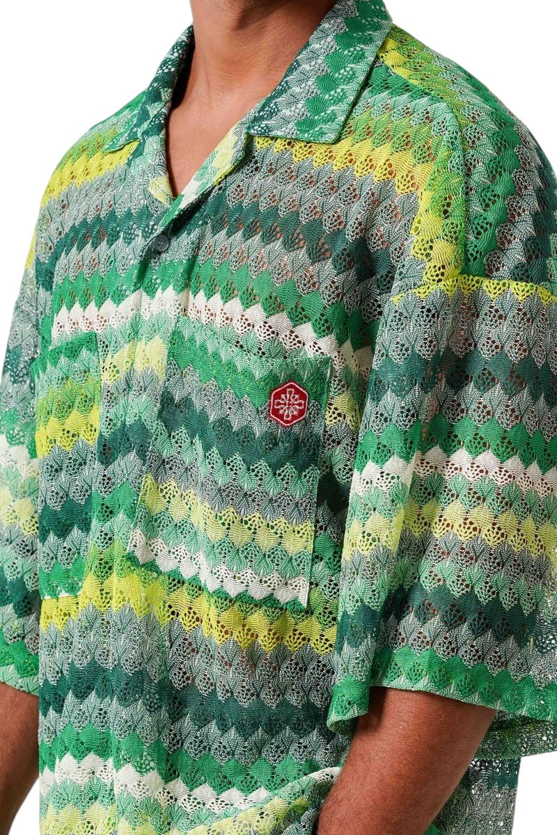 On Time Fashions men's green crochet knit resort shirt with chevron pattern and embroidered patch.