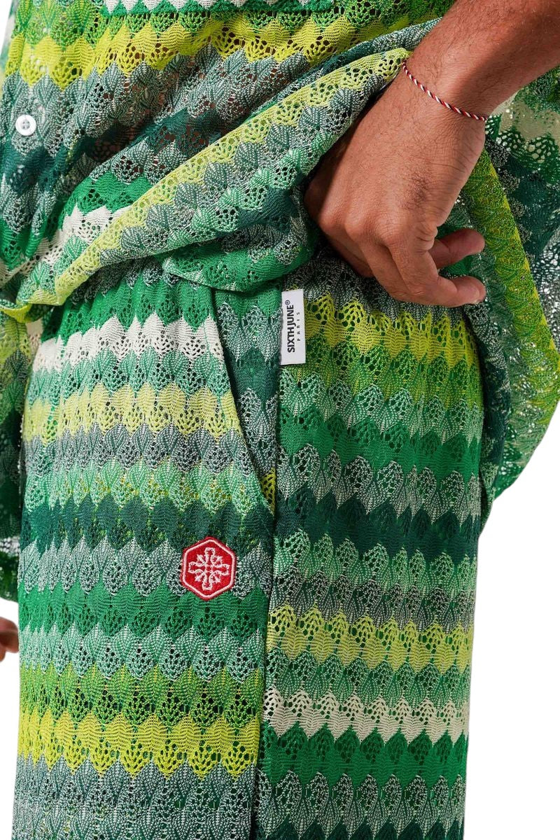 On Time Fashions men's green striped crochet resort set with embroidered patch. Oversized shirt and matching shorts.