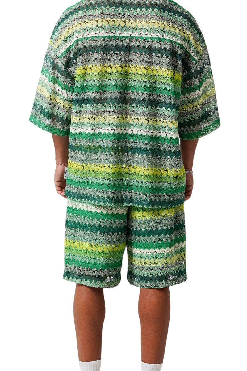 On Time Fashions men's green striped crochet resort set with oversized short-sleeve shirt and matching shorts.