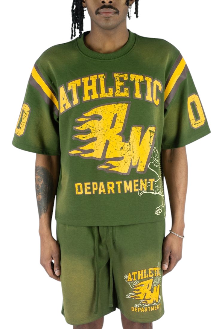 On Time Fashions green athletic department jersey with yellow flaming RM graphic and distressed details.